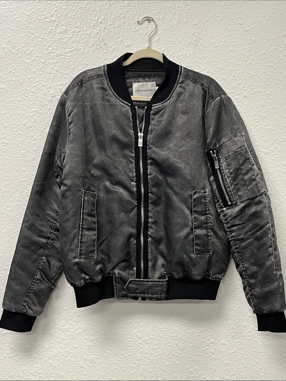 Eleven Paris Men's Charcoal Distressed Bomber Jacket 
#1158